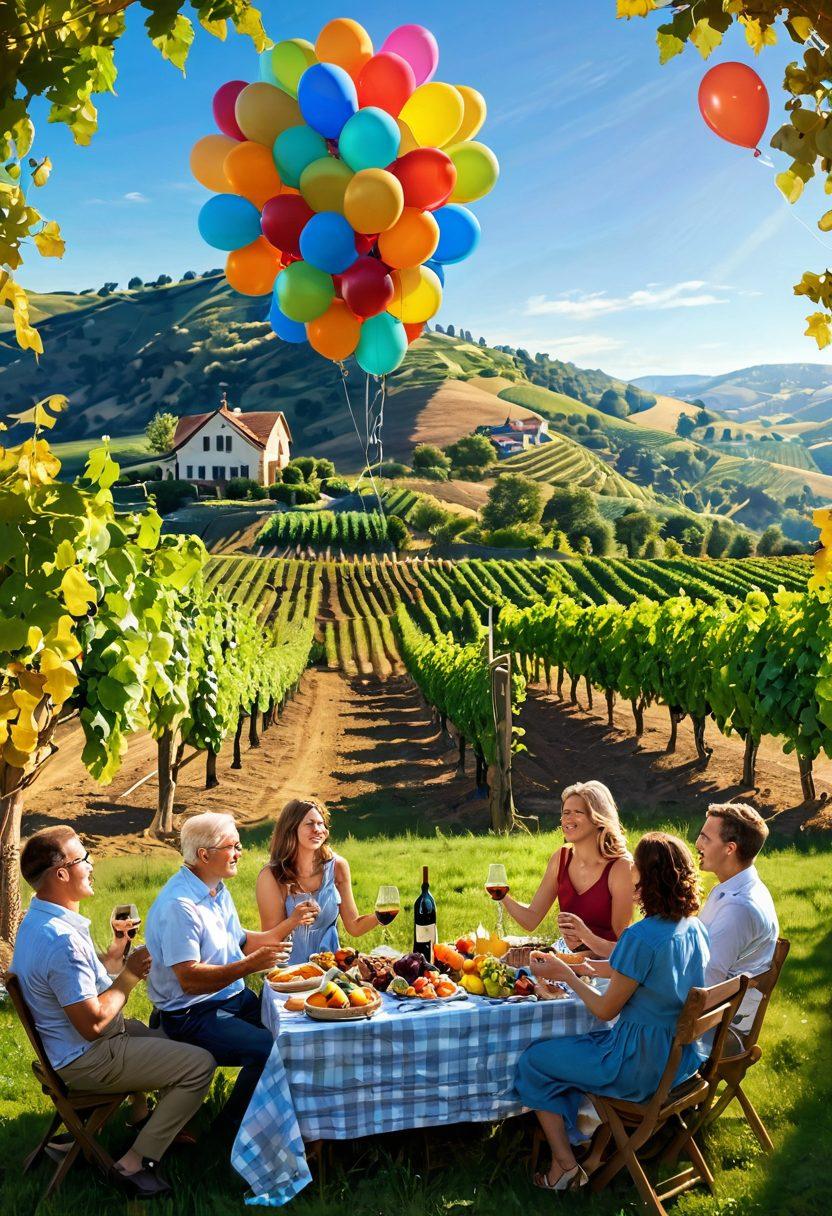 A picturesque vineyard landscape illuminated by golden sunlight, featuring people joyfully toasting with glasses of wine amidst lush grapevines. Colorful balloons and picnic setups enhance the festive atmosphere, surrounded by laughing families and friends enjoying gourmet food. In the background, rolling hills and a clear blue sky set a serene mood. super-realistic. vibrant colors. 3D.