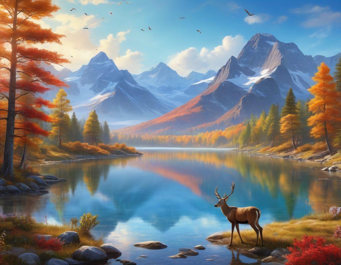A breathtaking vista showcasing vibrant wildlife in their natural habitat, surrounded by stunning scenic landscapes. Include a playful family of deer near a crystal-clear lake, colorful birds flying above, and a backdrop of majestic mountains under a bright blue sky. Capture the essence of joy and tranquility in nature's beauty. super-realistic. vibrant colors. natural light.