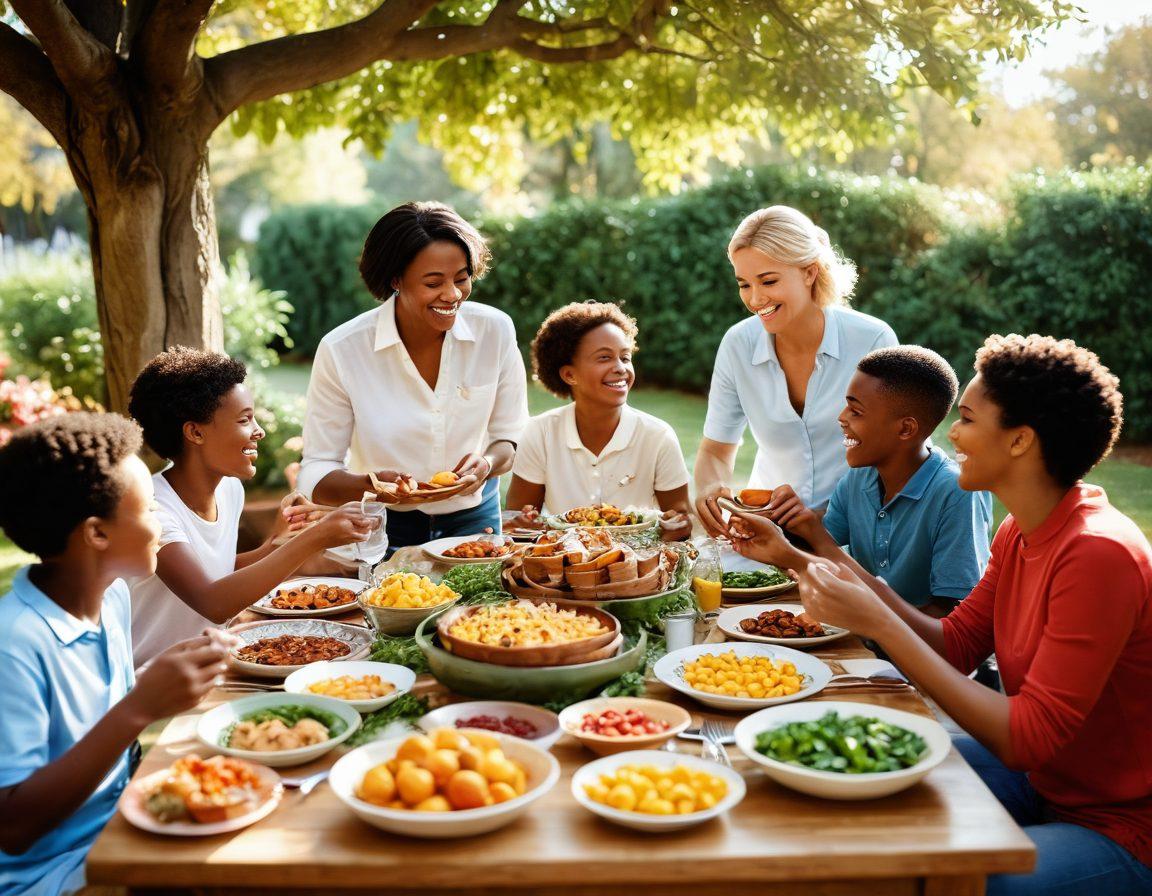 A heartwarming family gathering scene, featuring diverse family members joyfully interacting, surrounded by a beautifully decorated table laden with delicious food. Cameras and photography equipment scattered throughout, capturing precious moments. Soft sunlight filtering through trees, creating a warm, inviting ambiance. Vivid colors that convey happiness and togetherness. vibrant colors. super-realistic.